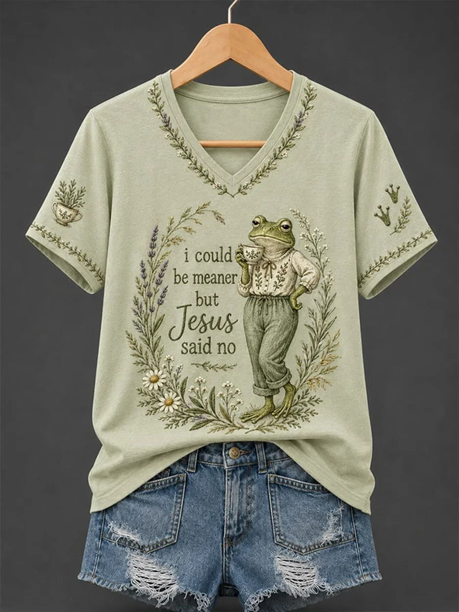 Frog I Could Be Meaner But Jesus Said No V-Neck Shirt Faith Humor Clothing Gift For Christ - Kdjoy