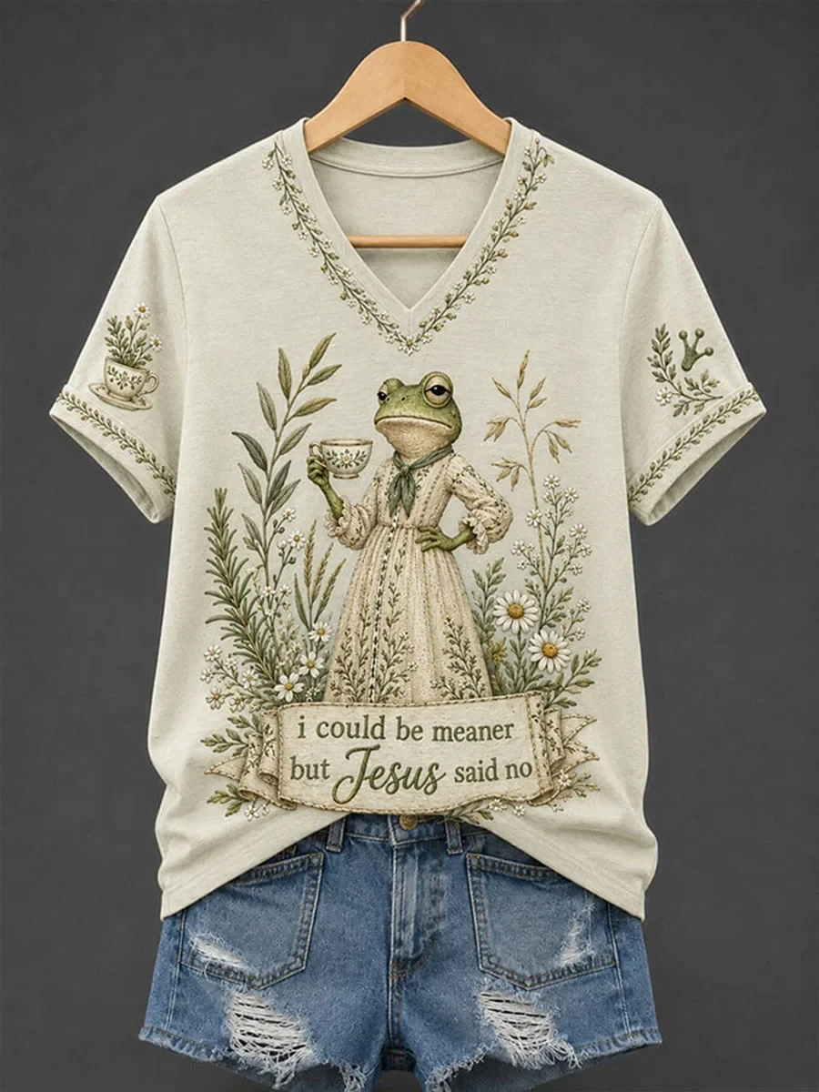 Frog I Could Be Meaner But Jesus Said No V-Neck Shirt Funny Christian Apparel Gift For BFF - Kdjoy