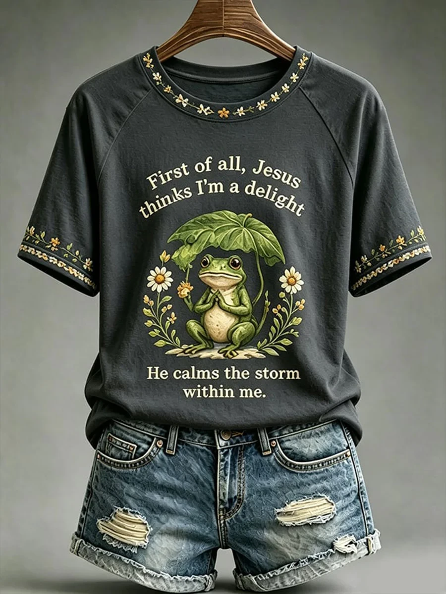 Frog Jesus Thinks I'm A Delight Printed T-Shirt Cool Christian Apparel Religious Gifts For Her - Kdjoy