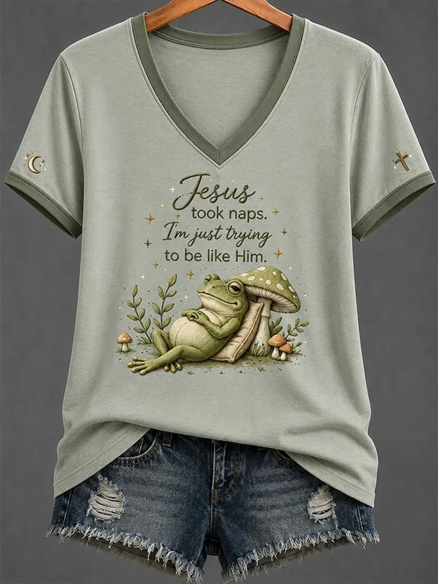 Frog Jesus Took Naps I'm Just Trying To Be Like Him V-Neck Shirt Funny Christian Apparel' - Kdjoy