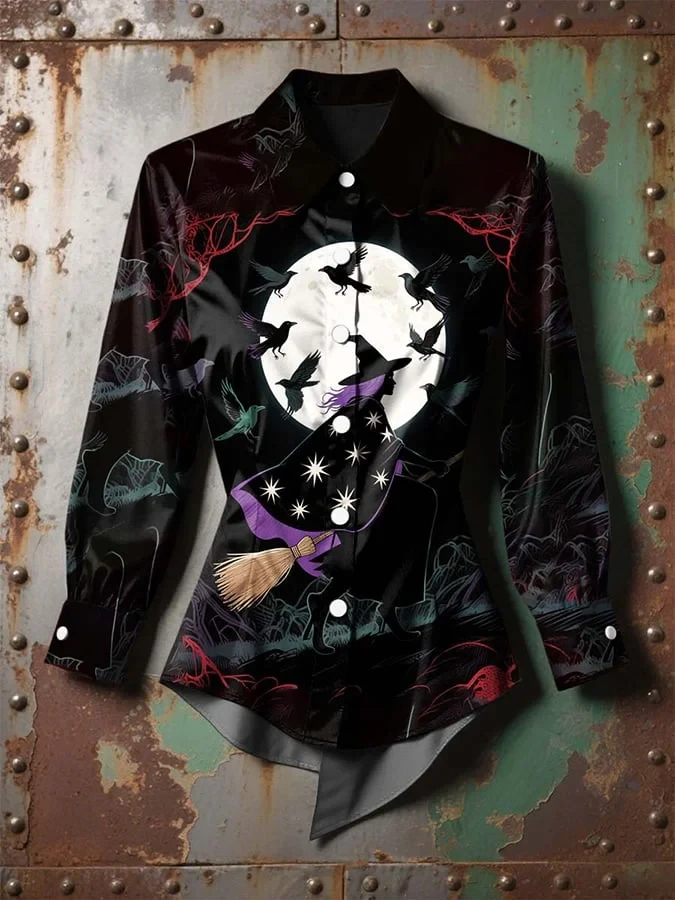 Full Moon Witch Flight Button Up Long Shirt Halloween Clothes Gift For Mystic Souls - Kdjoy