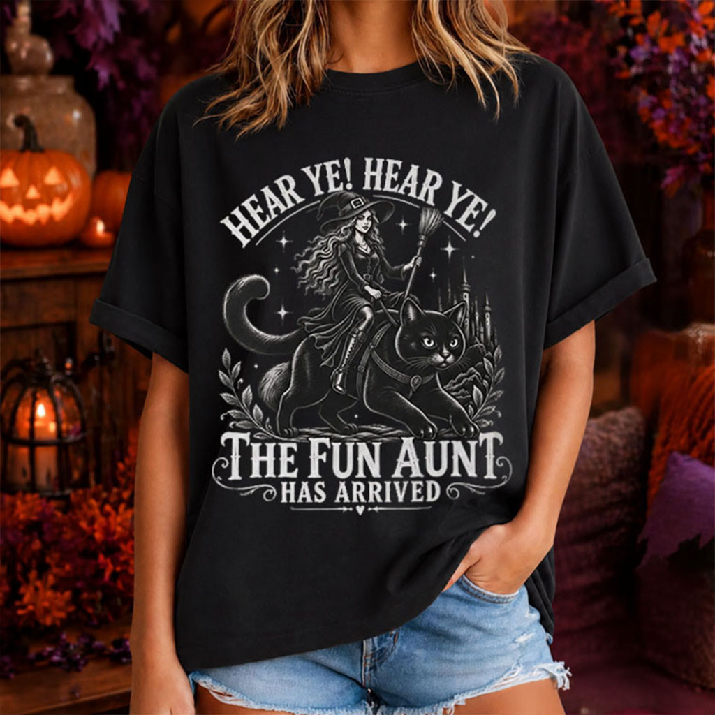 Fun Aunt Riding Black Cat Hear Ye Knight Funny T-Shirt Halloween Gift For Witch Lovers - Kdjoy