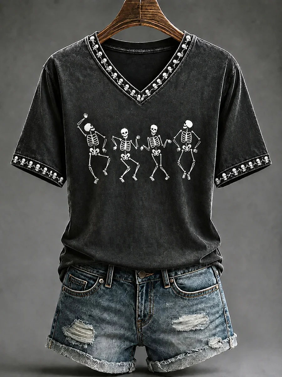 Fun Skull Dancing Halloween V-Neck Shirt Gothic Spooky Season Apparel Halloween Present - Kdjoy