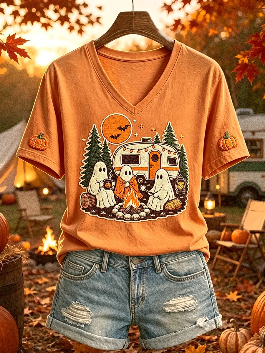 Funny Halloween Camping Ghost Print V-Neck Shirt Autumn Fall Outfit Cute Halloween Presents - Kdjoy