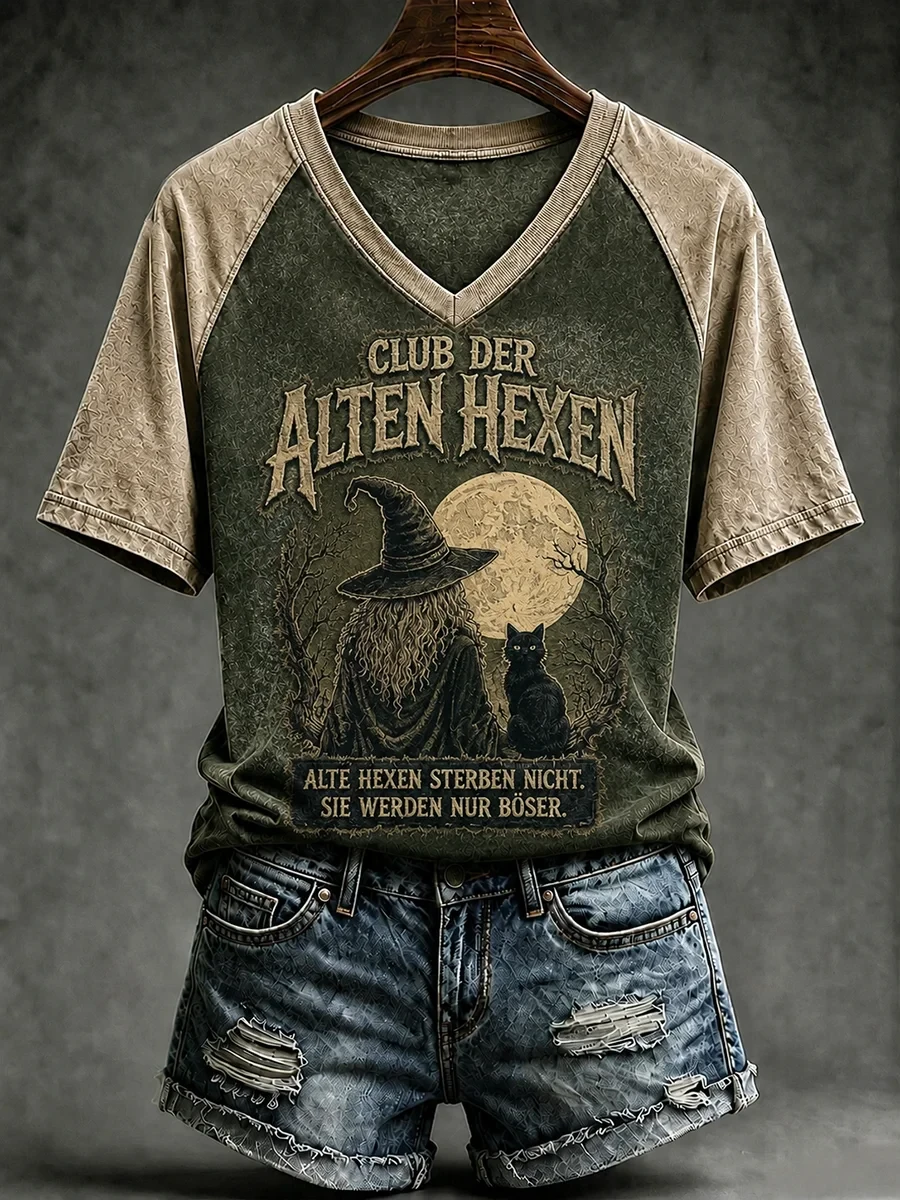 Funny Halloween Club Der Alten Hexen V-Neck Shirt Black Cat Witches Outfits Halloween Gifts - Kdjoy