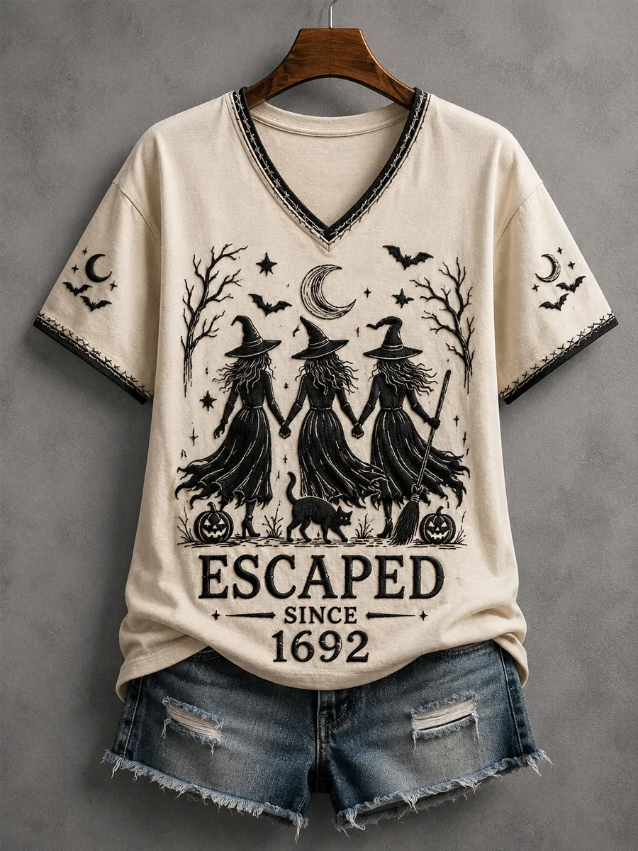 Funny Halloween Escaped Since 1692 Witches V-Neck Shirt Witchcraft Spooky Season Gift - Kdjoy