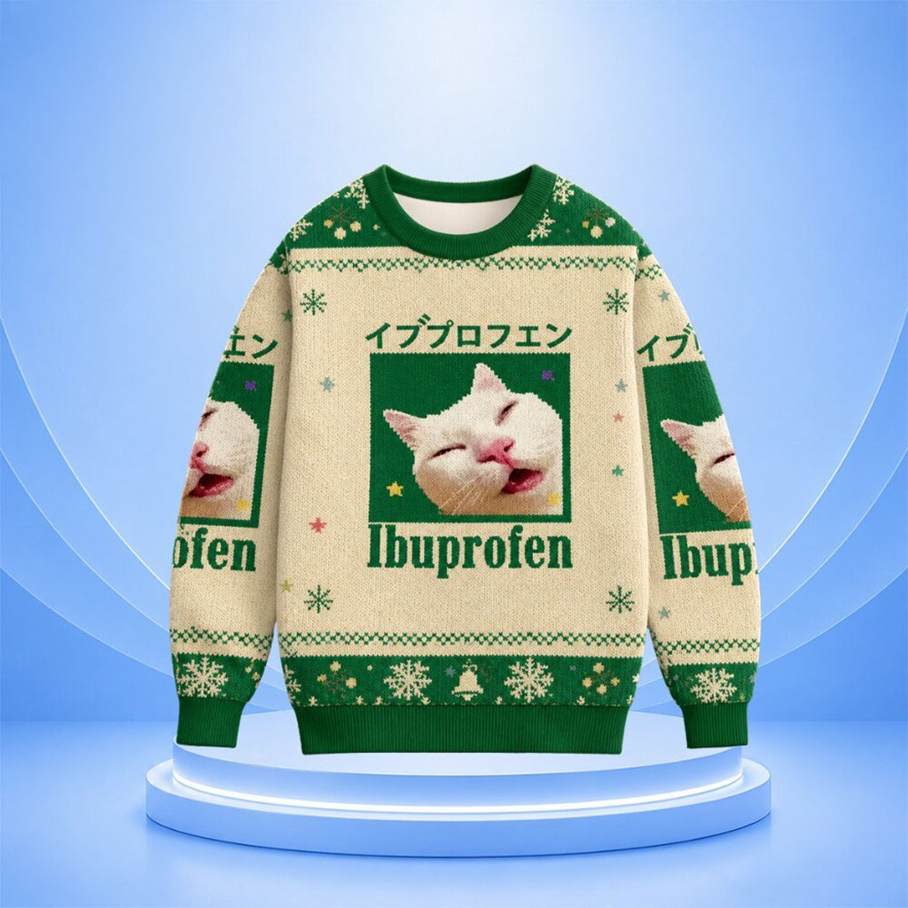 Funny Ibuprofen Meme Cat Christmas Ugly Sweatshirt 2026 Featured - Kdjoy