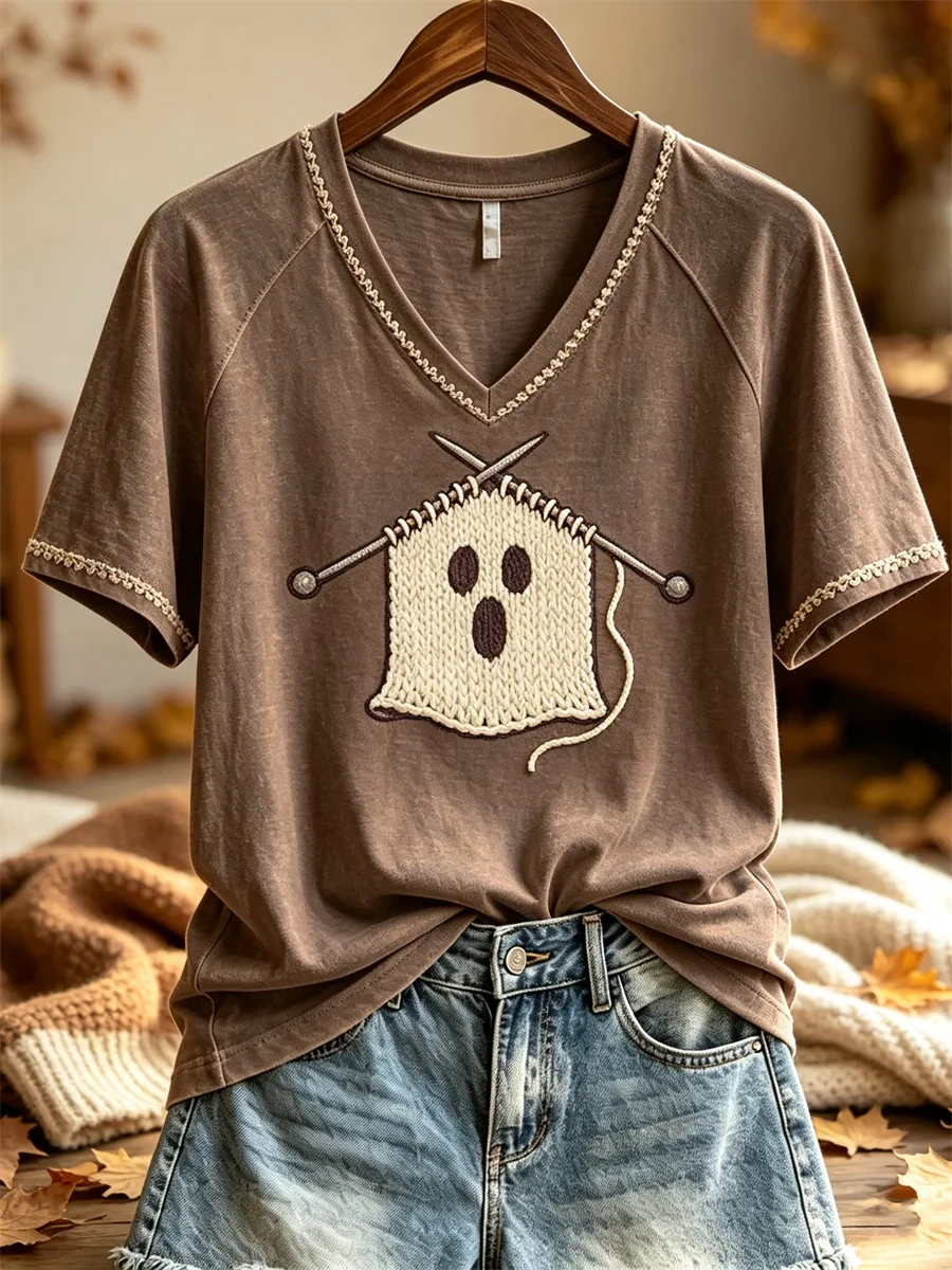 Funny Knitted Ghost V-Neck Shirt Cute Halloween Apparel Gifts For Her - Kdjoy