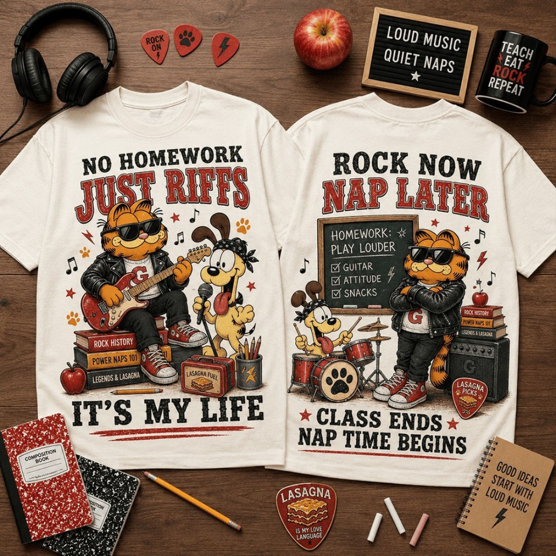 Garfield No Homework Just Riffs It's My Life T-Shirt Funny Music Teacher Back To School Shirt - Kdjoy Garfield No Homework Just Riffs It's My Life T-Shirt Funny Music Teacher Back To School Shirt - Kdjoy