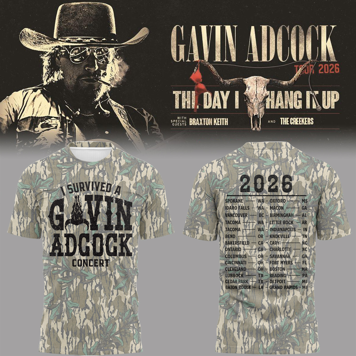 Gavin Adcock Tour 2026 Merch The Day I Hand It Up Camo Shirt I Survived A GA Concert T-Shirt - Kdjoy