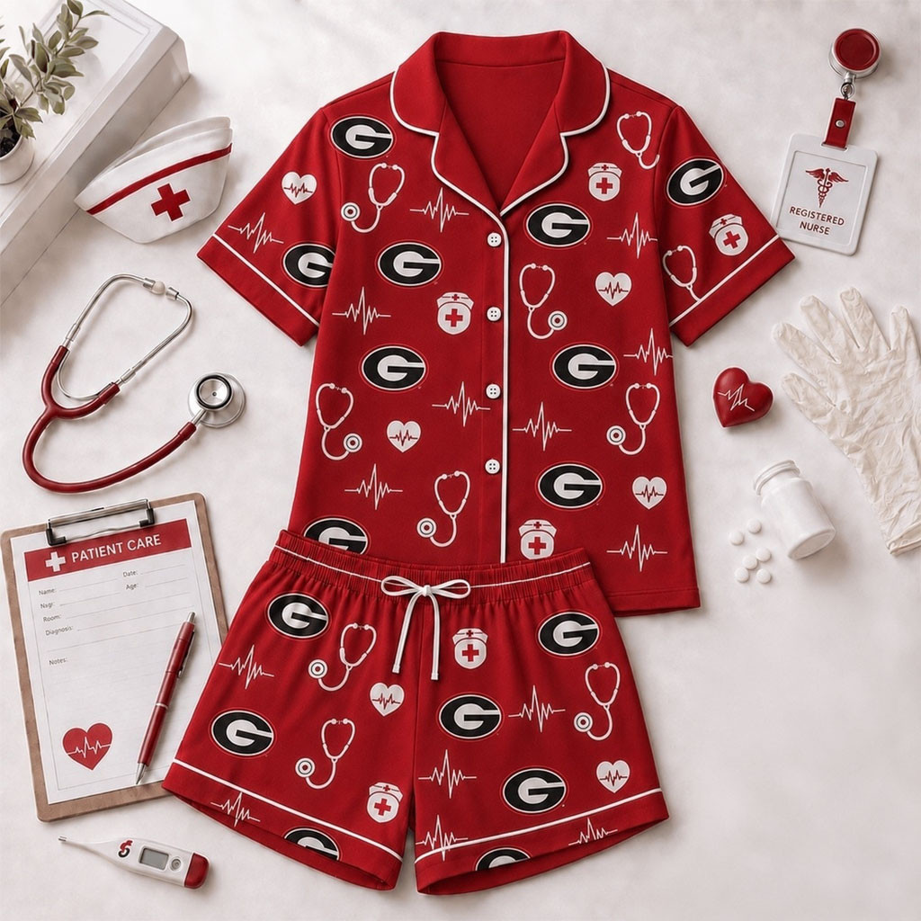 Georgia Bulldogs Heartbeats And Home Teams Short Sleeve Pajamas Set Bulldogs Merch Her Gifts - Kdjoy