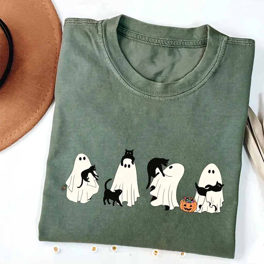 Ghost And Cat T-Shirt Halloween Shirt Cat Lover Halloween Gift Spooky Season 2026 - Kdjoy