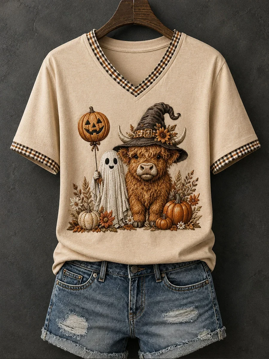 Ghost And Highland Cow V-Neck Shirt Cute Autumn Clothes Gift For Halloween - Kdjoy