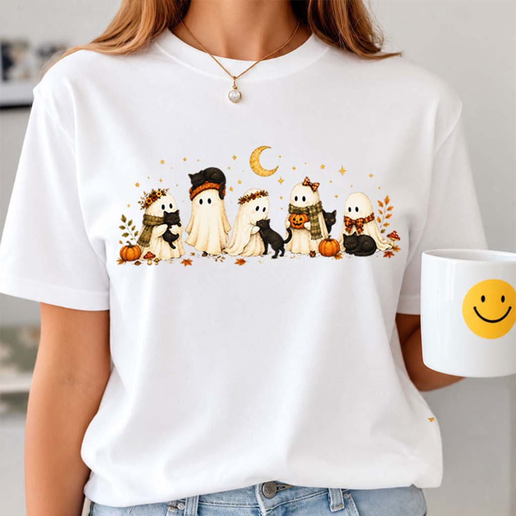 Ghost Black Cat Spooky Season T-Shirt Cute Halloween Gift For Cat Lovers - Kdjoy
