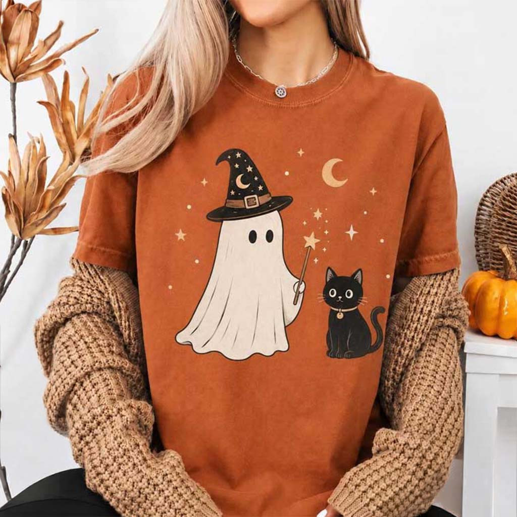 Ghost Black Cat T-Shirt Cute Witch Outfits Halloween Gifts For Sisters - Kdjoy