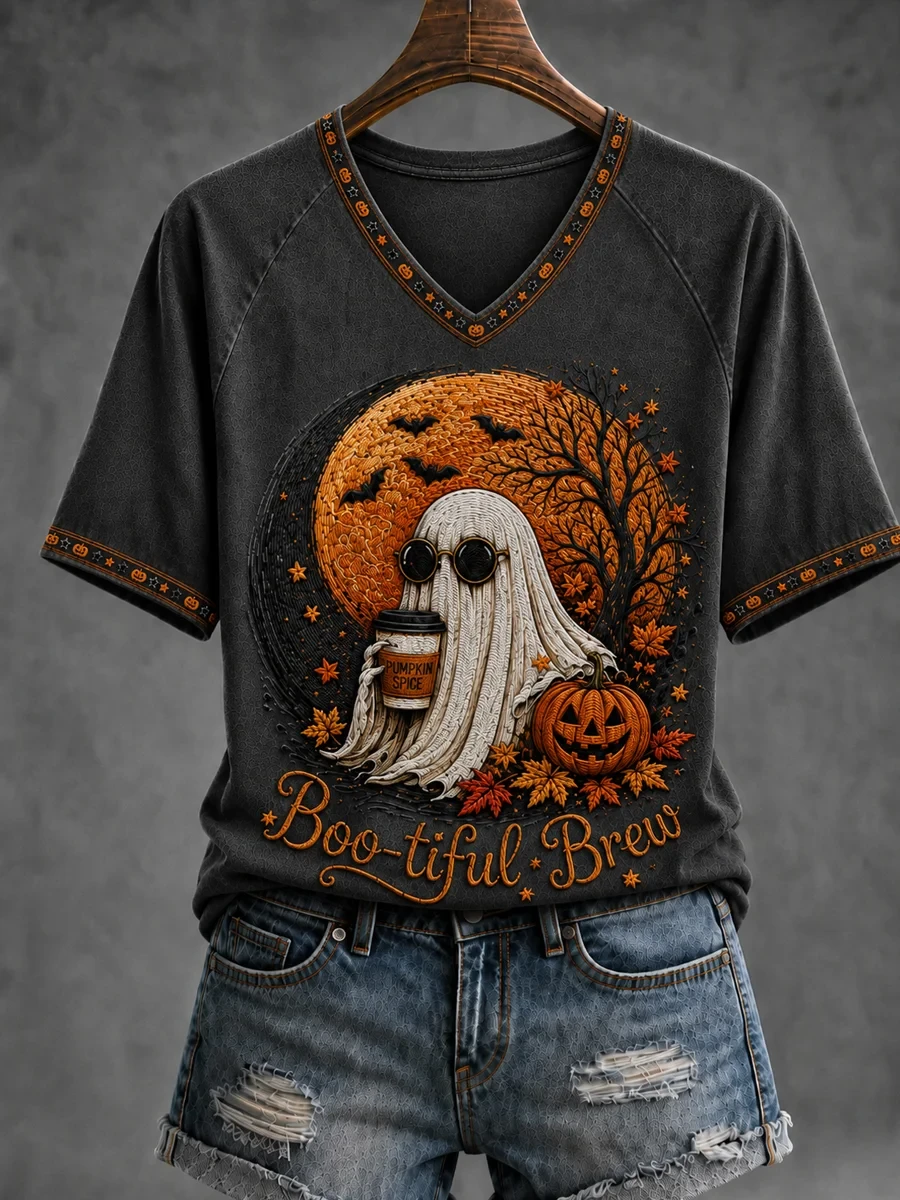Ghost Boo-Tiful Brew V-Neck Shirt Funny Halloween Pumpkin Shirts Spooky Season Gifts - Kdjoy