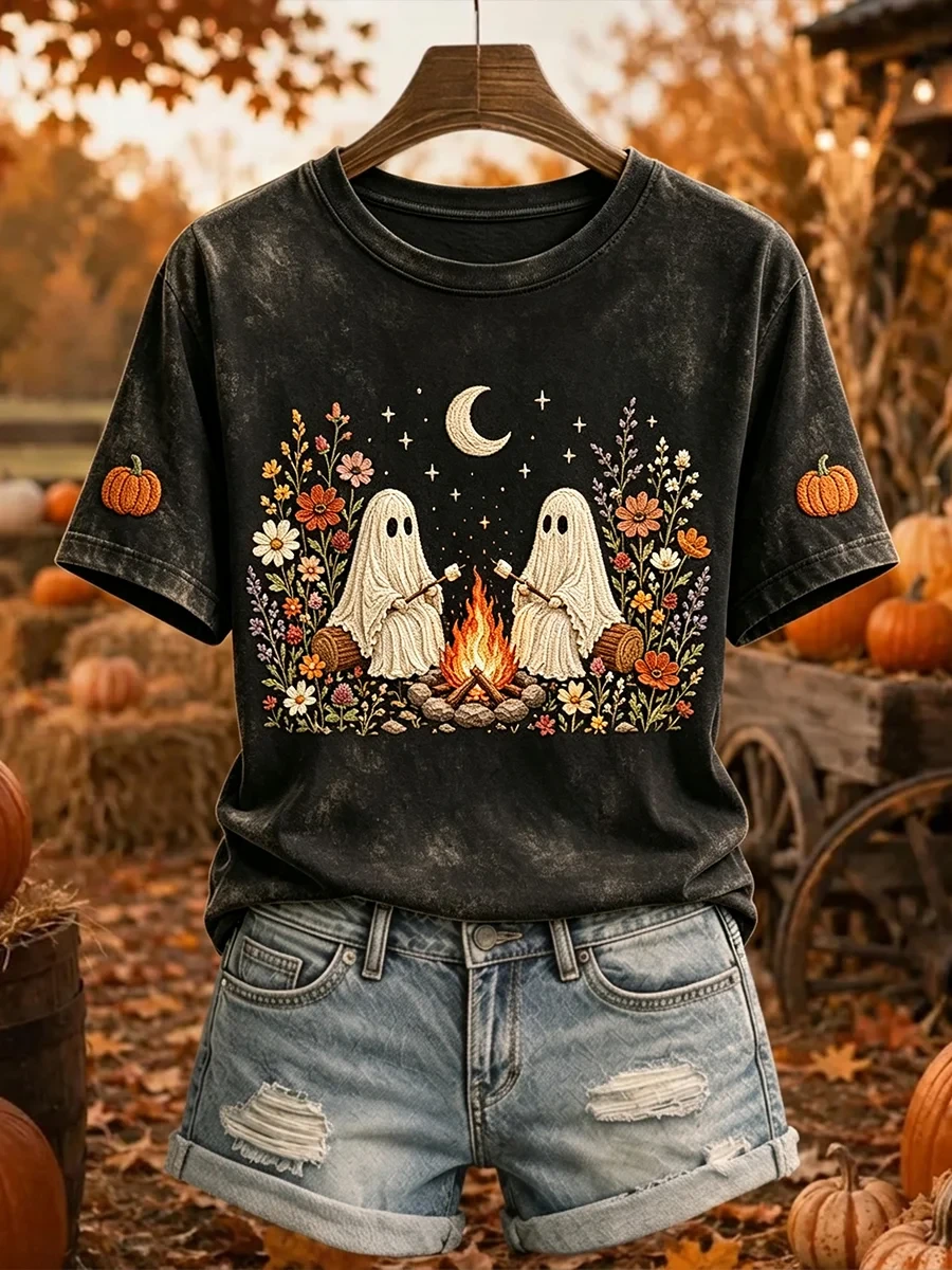 Ghost Campfire Marshmallow Wildflower Camping Fall Halloween T-Shirt Cute Fall Outfits For Her - Kdjoy