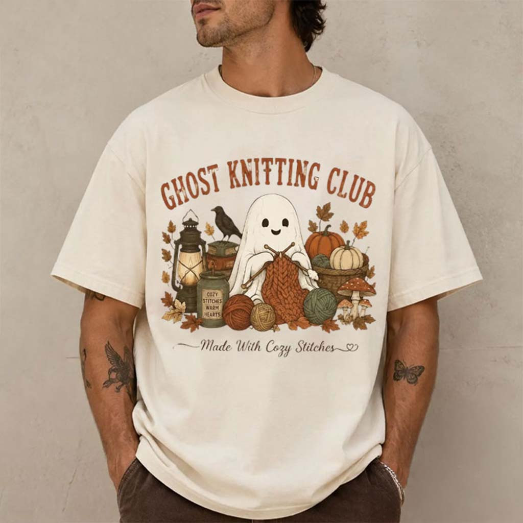 Ghost Knitting Club T-Shirt Made With Cozy Stitches Shirt Halloween Gift For Knitter - Kdjoy