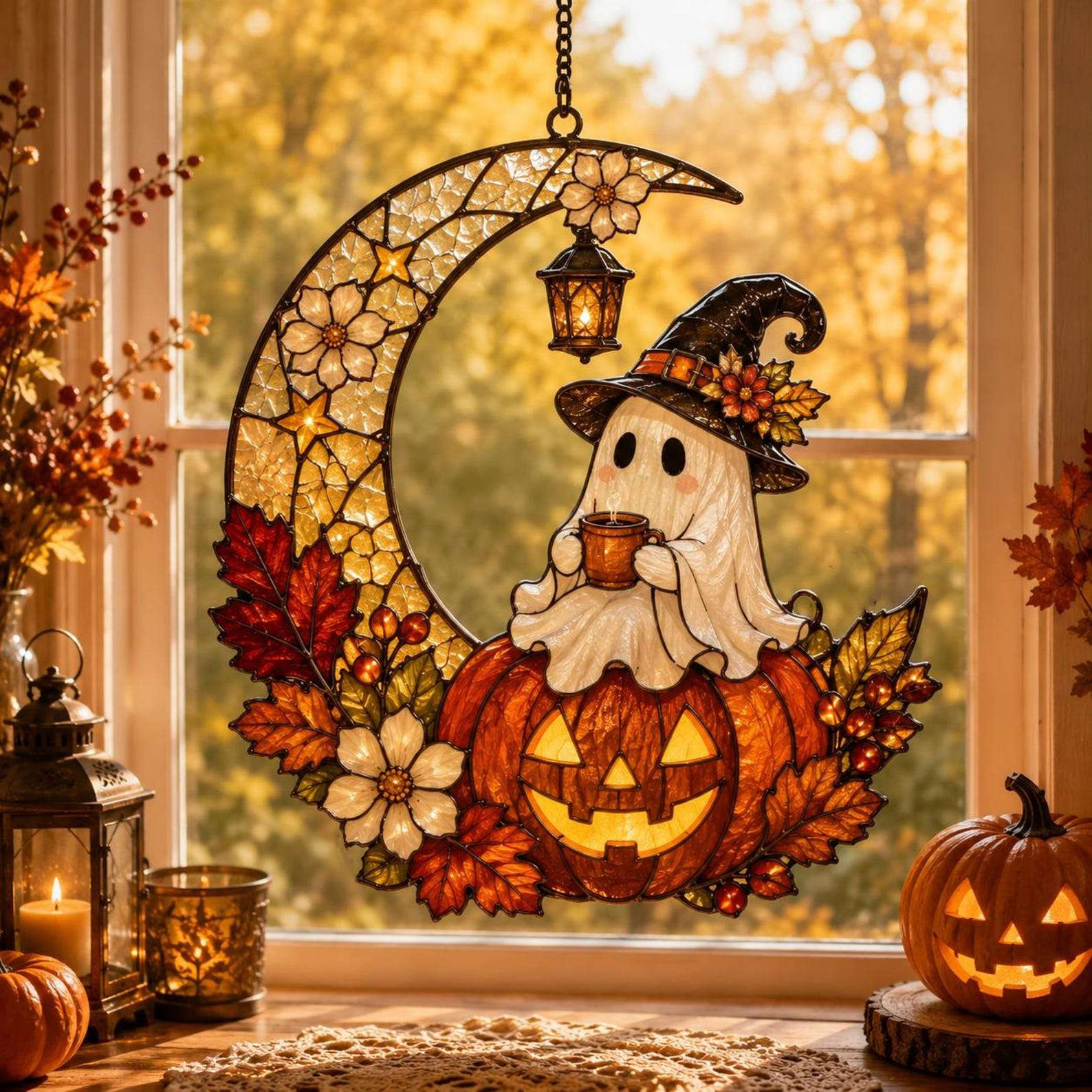 Ghost Pumpkin Moon Suncatcher Autumn Window Hanging Decor Halloween Gifts Ideas - Kdjoy
