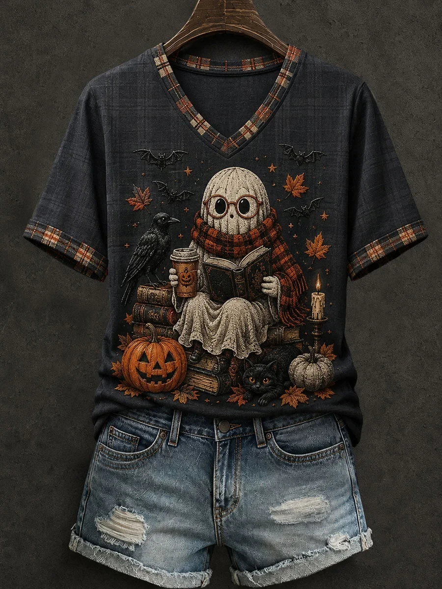 Ghost Reading Book V-Neck Shirt Cute Ghost Coffee Lover T-Shirt Bookish Halloween Gifts - Kdjoy