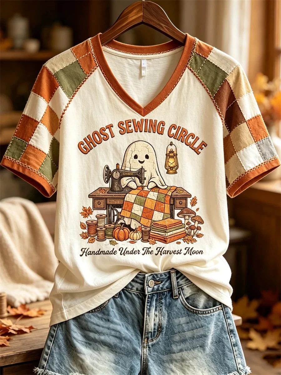 Ghost Sewing Circle Colorblock V-Neck Shirt Handmade Under The Harvest Moon Halloween Outfits - Kdjoy Ghost Sewing Circle Colorblock V-Neck Shirt Handmade Under The Harvest Moon Halloween Outfits - Kdjoy