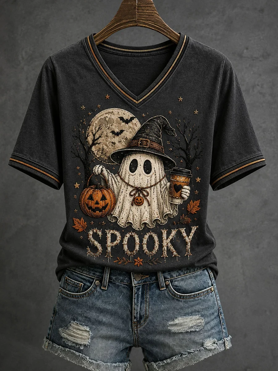 Ghost Spooky V-Neck Shirt Cute Halloween Apparel Gifts For Girlfriend - Kdjoy