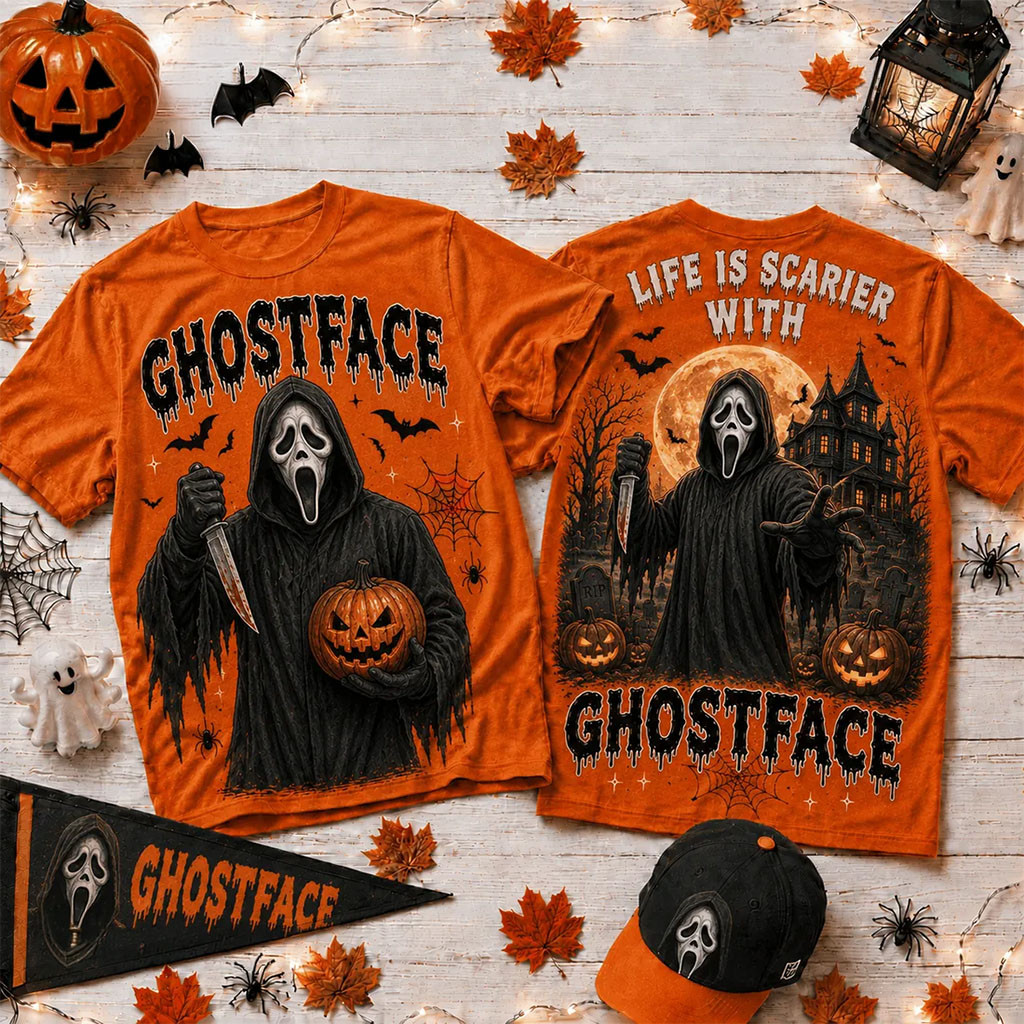 Ghostface Orange Halloween 2026 T-Shirt Life Is Scarier Shirt Ghostface Merch Halloween Gifts - Kdjoy Ghostface Orange Halloween 2026 T-Shirt Life Is Scarier Shirt Ghostface Merch Halloween Gifts - Kdjoy
