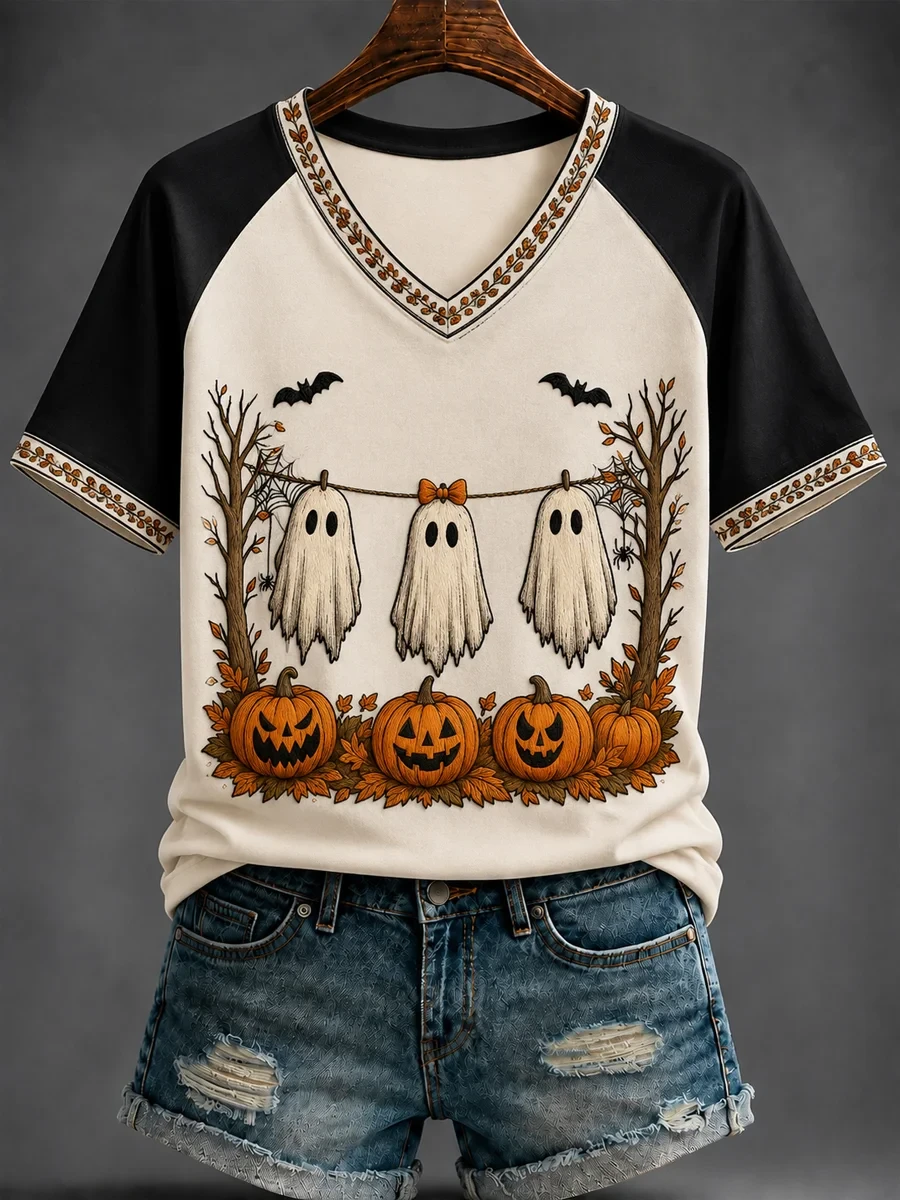 Ghosts On Clothesline Halloween V-Neck Shirt Cute Ghost Pumpkin Shirt Spooky Season Gifts - Kdjoy