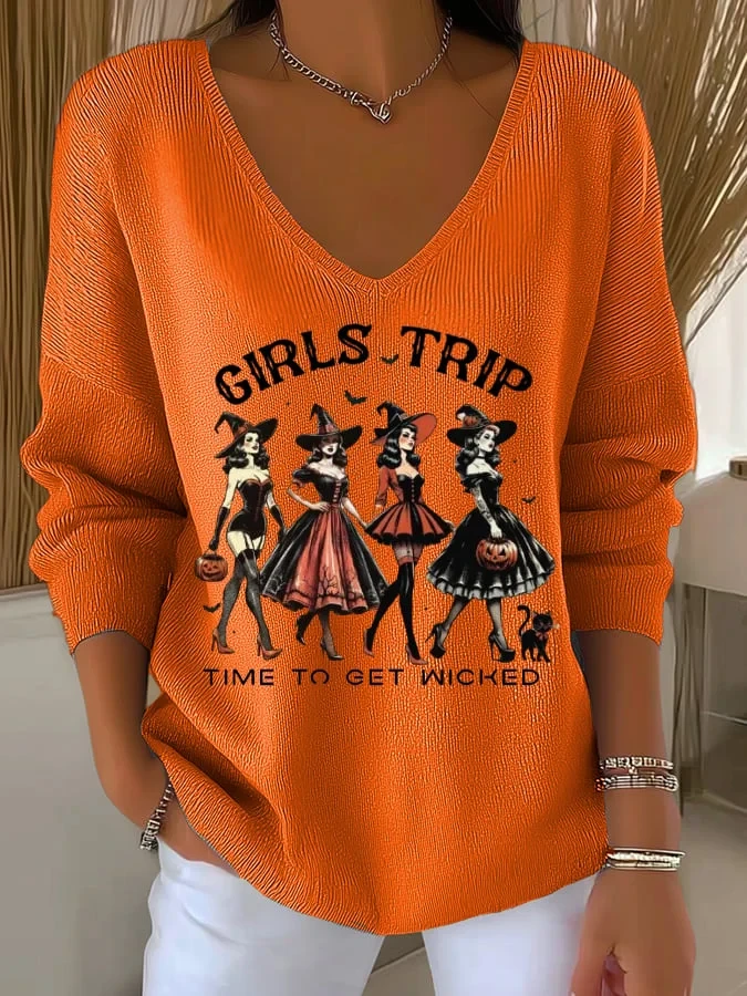 Girls Trip Witches Time To Get Wicked V-Neck Long Sleeve Shirt Halloween Clothing Gift - Kdjoy Girls Trip Witches Time To Get Wicked V-Neck Long Sleeve Shirt Halloween Clothing Gift - Kdjoy