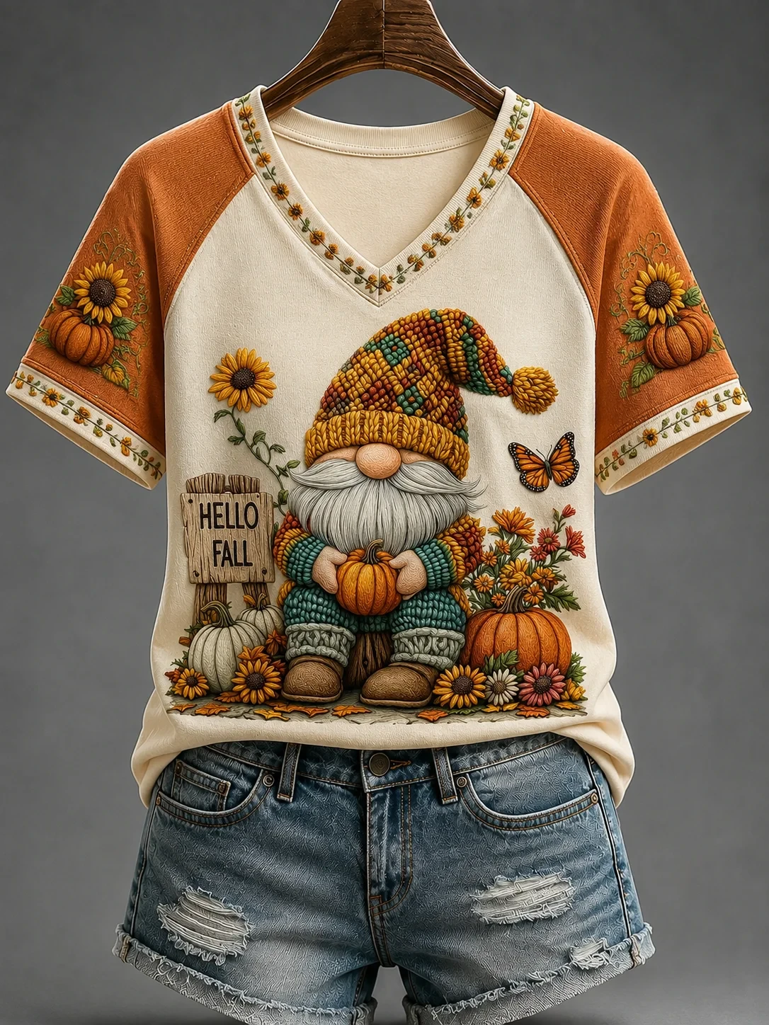 Gnome Hello Fall V-Neck Shirt Cute Autumn Clothes Best Gift For Girlfriend - Kdjoy Gnome Hello Fall V-Neck Shirt Cute Autumn Clothes Best Gift For Girlfriend - Kdjoy