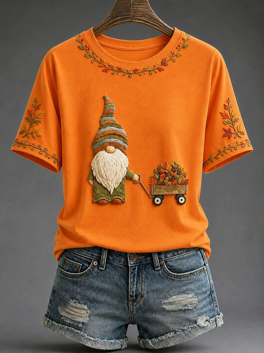 Gnome With Wagon Of Leaves T-Shirt Autumn Gnome Merch Cool Halloween Clothes - Kdjoy