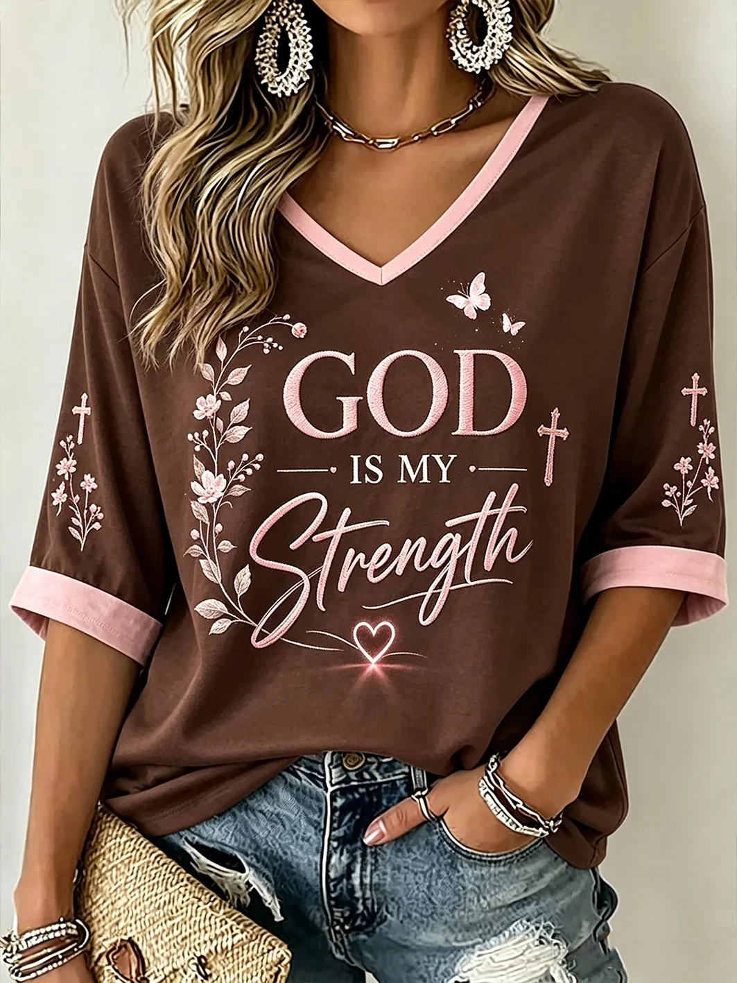 God Is My Strength Cropped Sleeve V-Neck Shirt Holy Cross Clothing Gift - Kdjoy