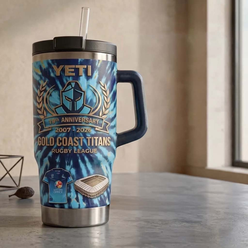 Gold Coast Titans 19th Anniversary Tie-Dye Tumbler Gold Coast Titans Merch Rugby Fan Gifts - Kdjoy