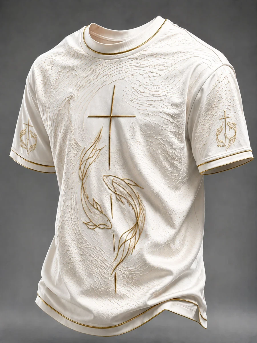 Gold Cross Fish Christian Shirt Minimalist Tees Religious Gifts For Men - Kdjoy