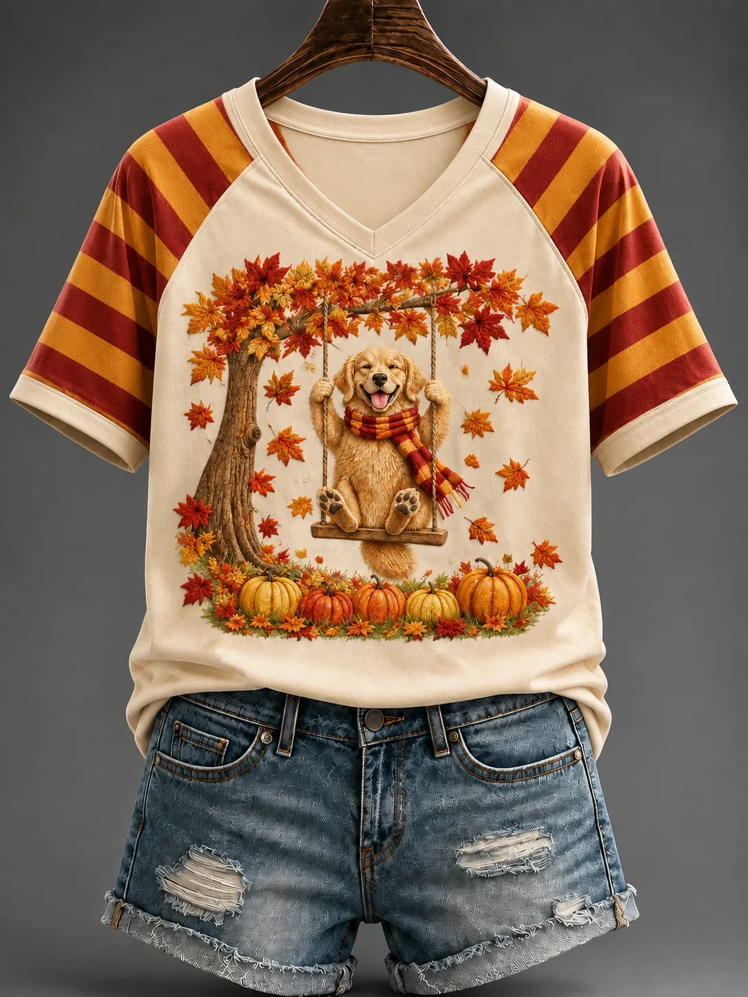 Golden Retriever Fall V-Neck Shirt Autumn Vibes Clothing Gift For Golden Retriever Lover - Kdjoy