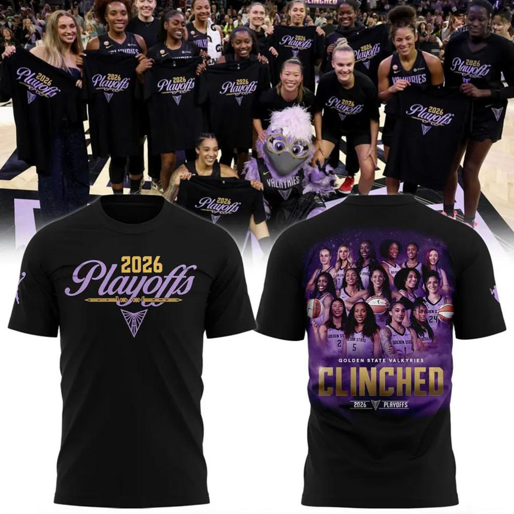 Golden State Valkyries Merch 2026 Playoffs Clinched Graphic T-Shirt Gift For Basketball Fans - Kdjoy Golden State Valkyries Merch 2026 Playoffs Clinched Graphic T-Shirt Gift For Basketball Fans - Kdjoy