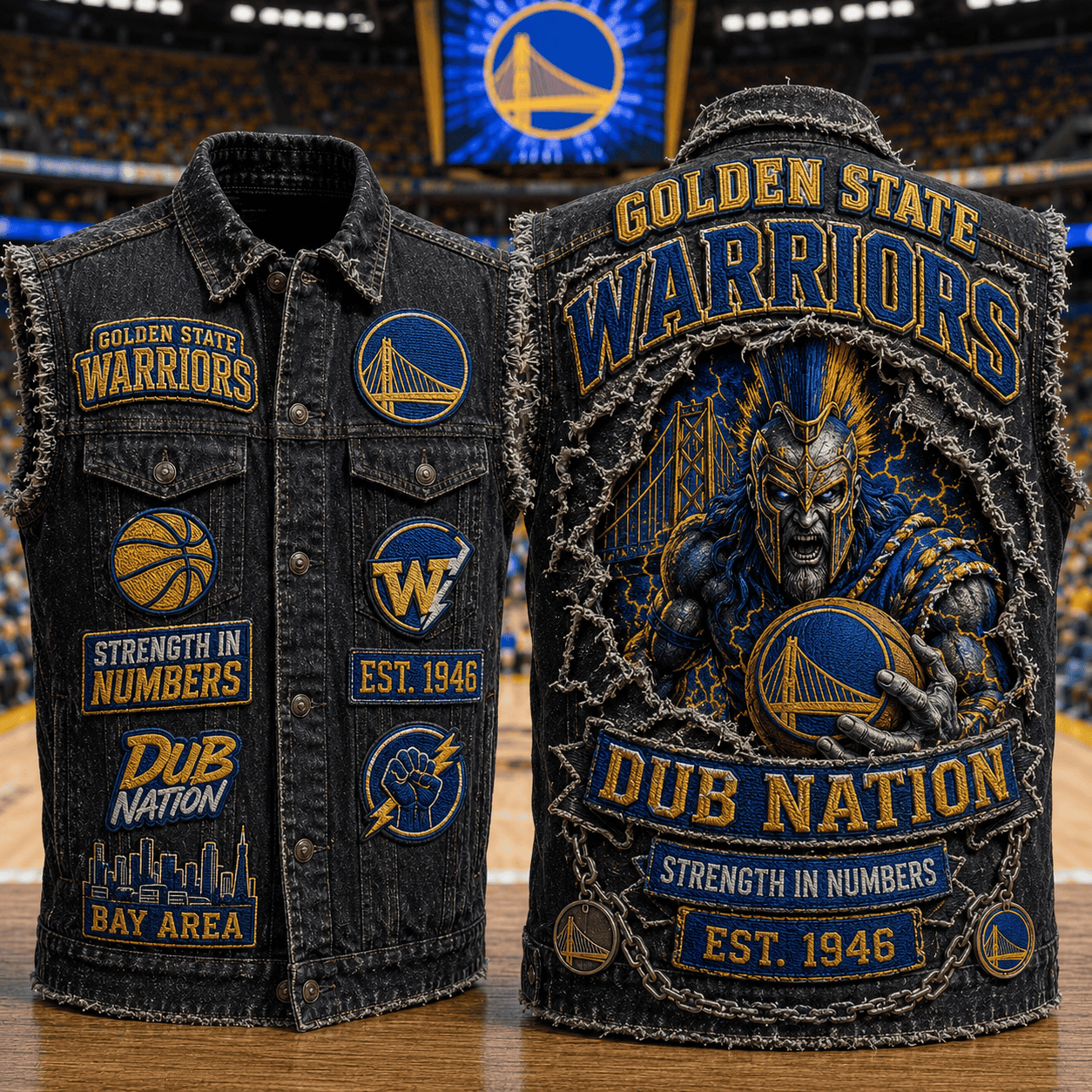 Golden State Warriors Merch Dub Nation Strength In Numbers Denim Vest Basketball Fan Apparel - Kdjoy Golden State Warriors Merch Dub Nation Strength In Numbers Denim Vest Basketball Fan Apparel - Kdjoy