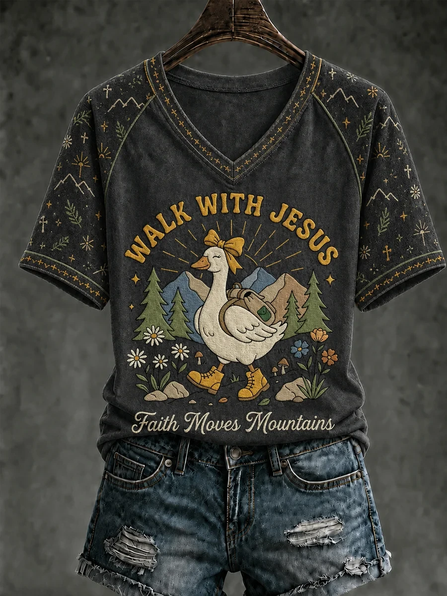 Goose Walk With Jesus Faith Moves Mountains V-neck Shirt Christian Faith Clothing Mom Gifts - Kdjoy