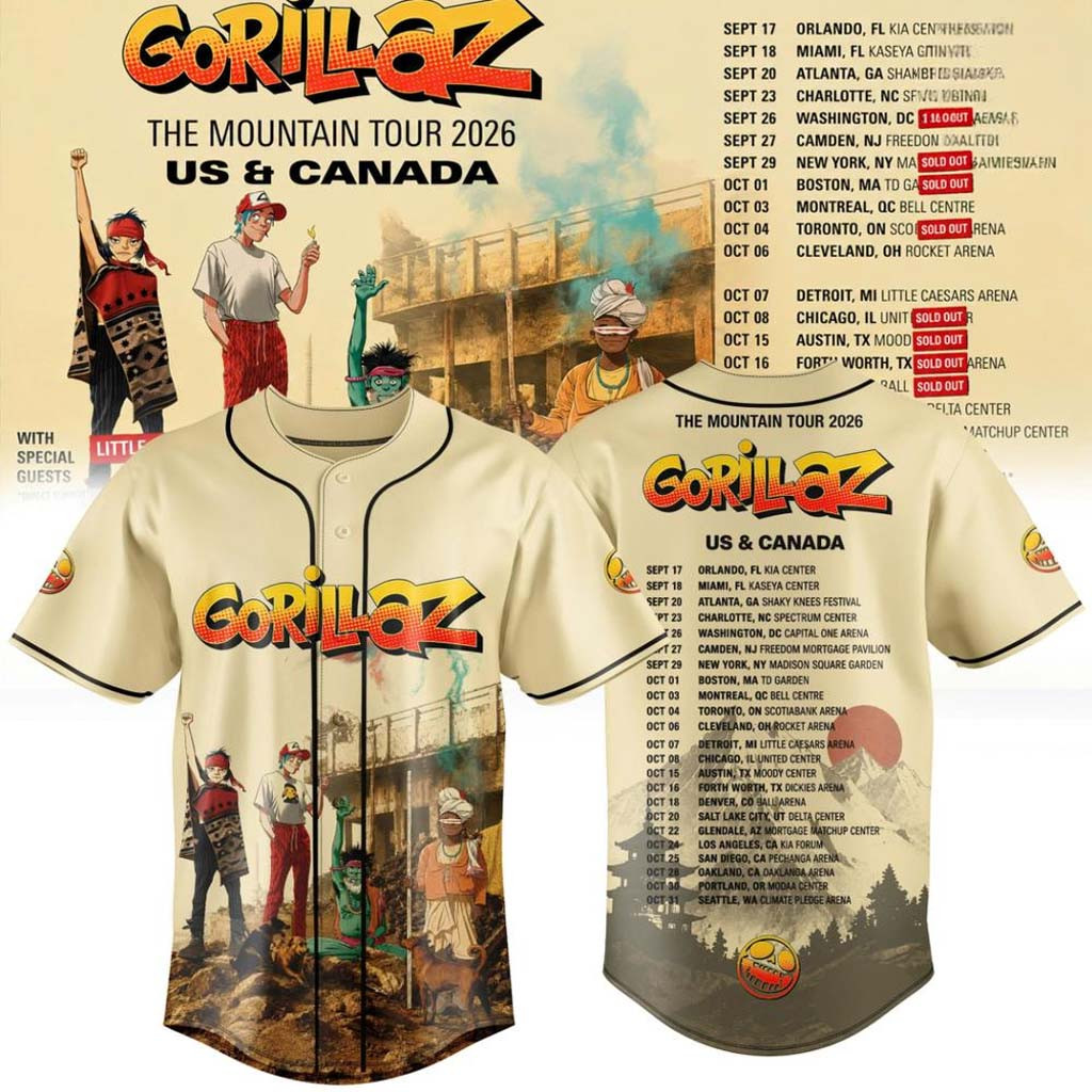 Gorillaz The Mountain Tour 2026 Baseball Jersey Gorillaz Band Merch Music Concert Outfits Gorillaz The Mountain Tour 2026 Baseball Jersey Gorillaz Band Merch Music Concert Outfits