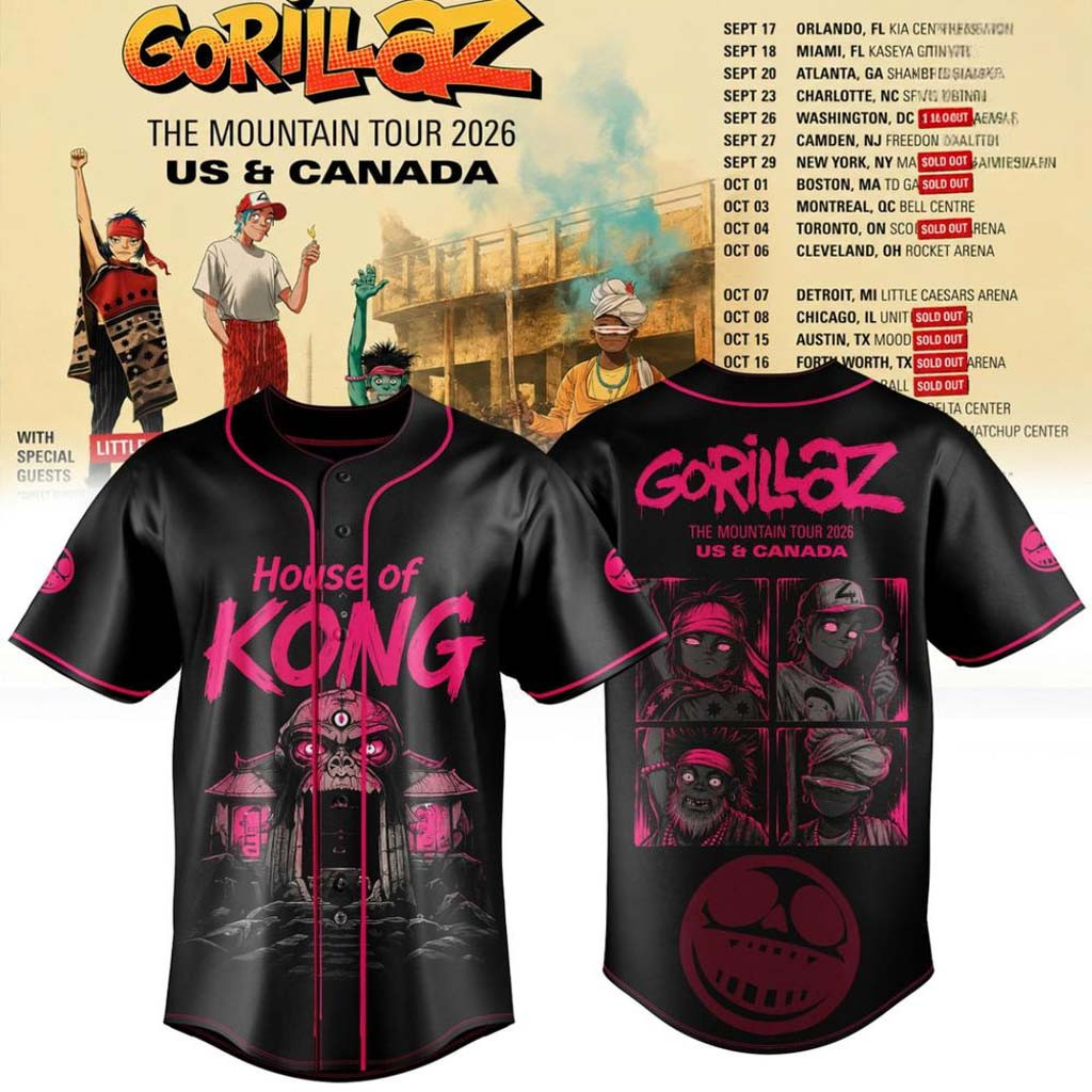 Gorillaz The Mountain Tour 2026 Baseball Jersey House Of Kong Jersey Gorillaz Band Merch