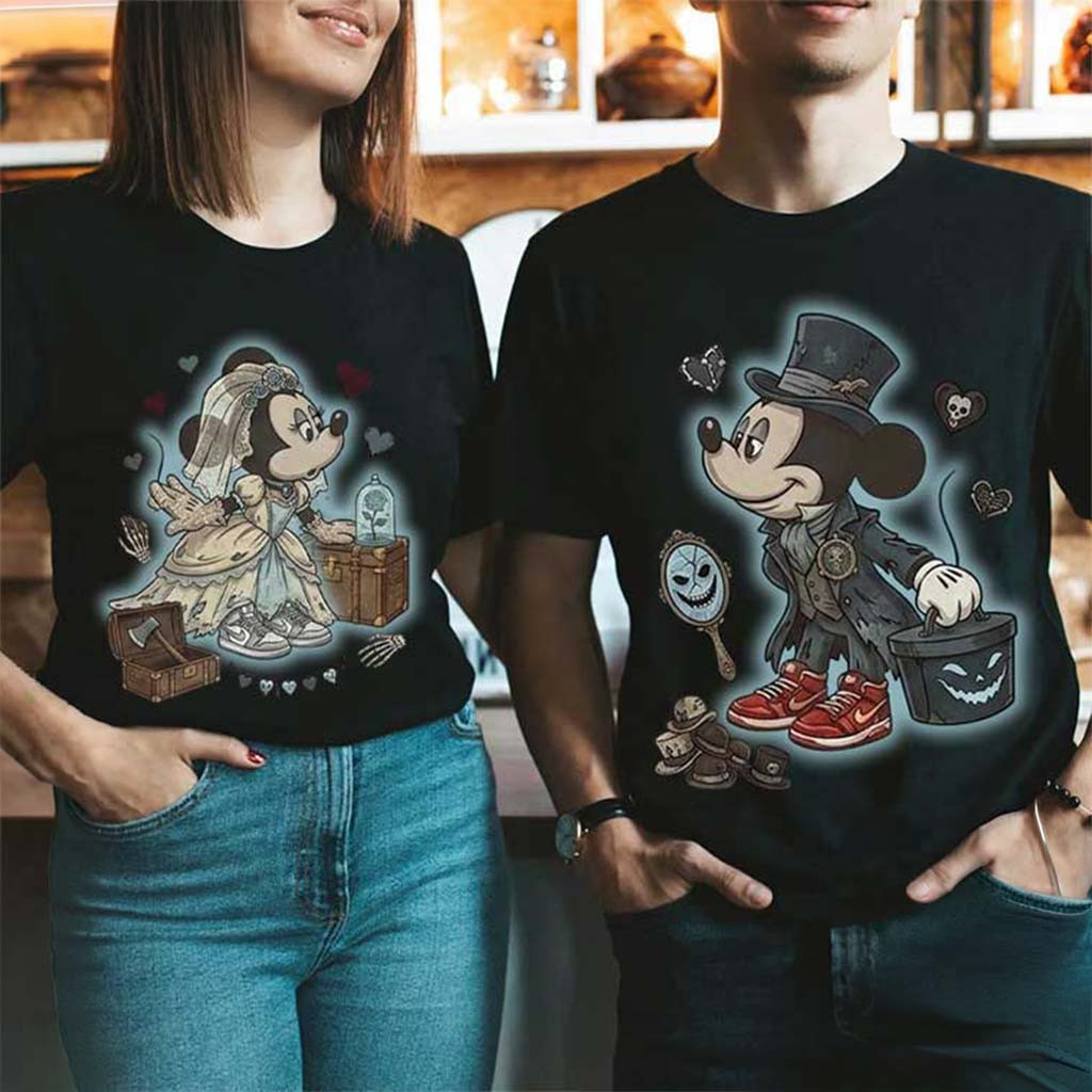 Gothic Mickey Minnie Halloween Spooky Bride Groom T-Shirt Gift Ideas For Couples - Kdjoy