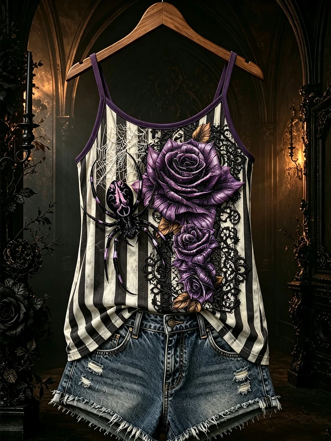Gothic Purple Rose Stripe Tank Top Dark Floral Clothing Birthday Gift - Kdjoy