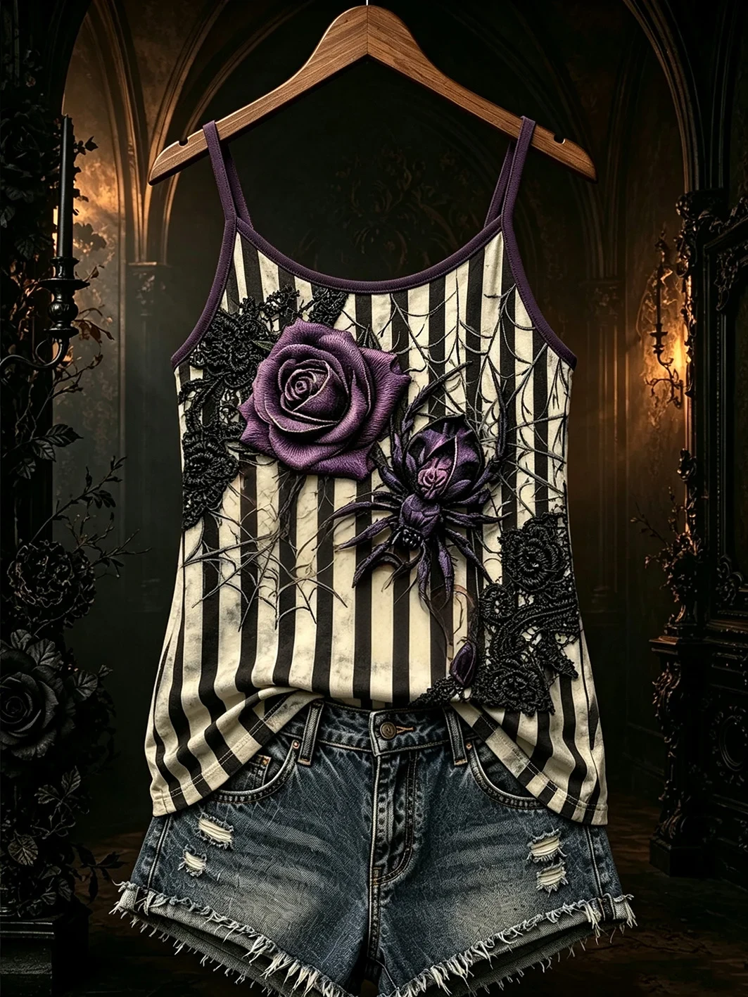 Gothic Purple Rose Stripe Tank Top Dark Floral Clothing Birthday Gift Ideas For Her - Kdjoy Gothic Purple Rose Stripe Tank Top Dark Floral Clothing Birthday Gift Ideas For Her - Kdjoy