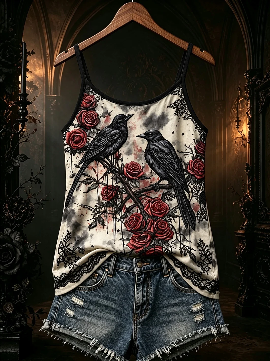 Gothic Raven And Red Rose Tank Top Dark Fantasy Crow Clothing Gift Ideas For Her - Kdjoy