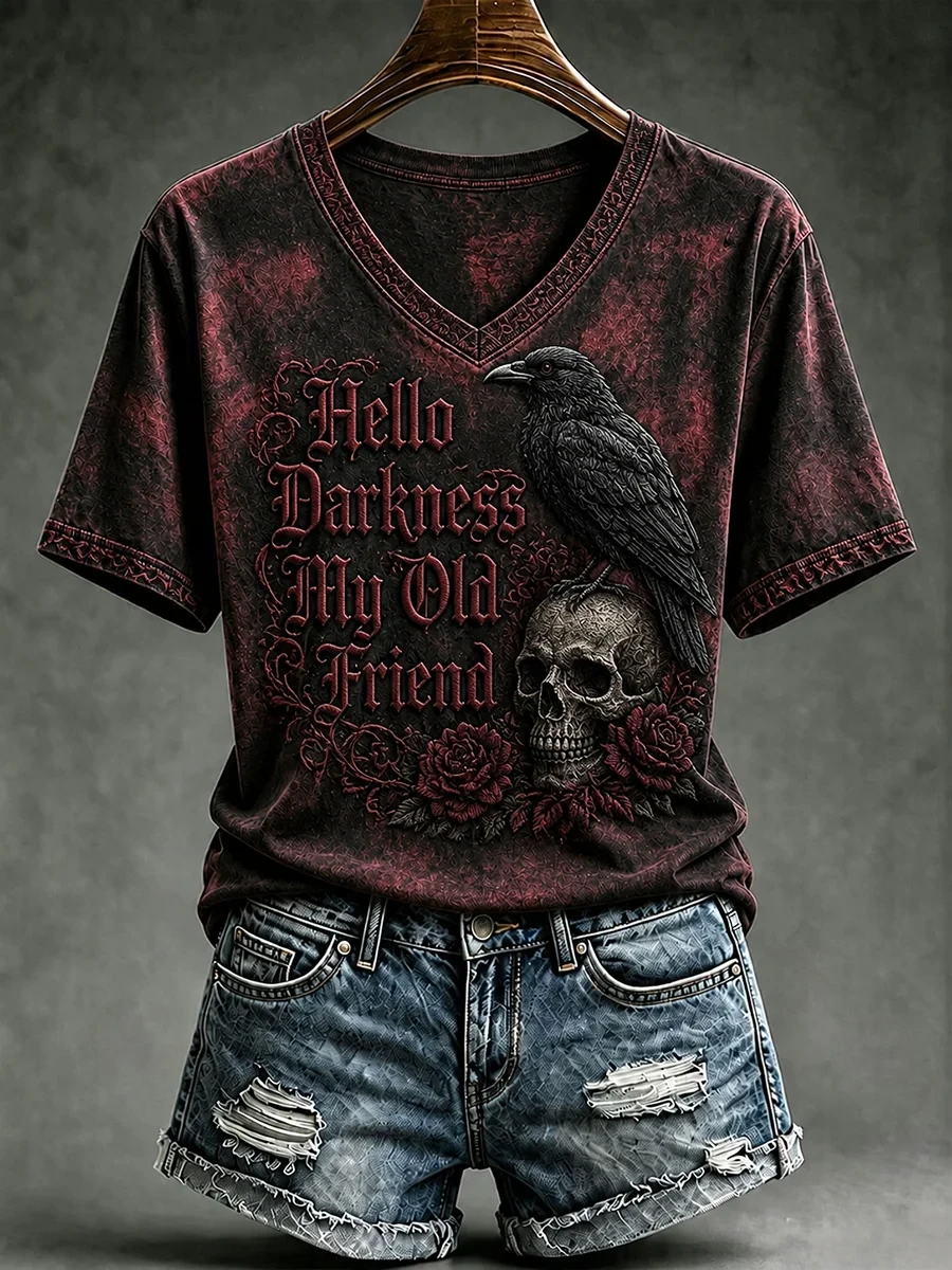 Gothic Raven Hello Darkness My Old Friend V-Neck Shirt Funny Halloween Gift For Raven Fans - Kdjoy