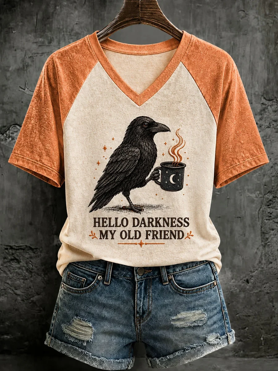 Gothic Raven Hello Darkness My Old Friend V-Neck Shirt Halloween Outfits Gift For Friends - Kdjoy Gothic Raven Hello Darkness My Old Friend V-Neck Shirt Halloween Outfits Gift For Friends - Kdjoy