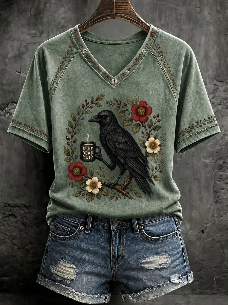 Gothic Raven Is He Dead Yet V-Neck Shirt Anti Trump Protest Apparel Halloween Gifts - Kdjoy