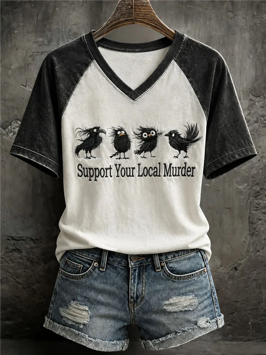 Gothic Raven Support Your Local Murder V-Neck Shirt Funny Halloween Gifts For Friends - Kdjoy