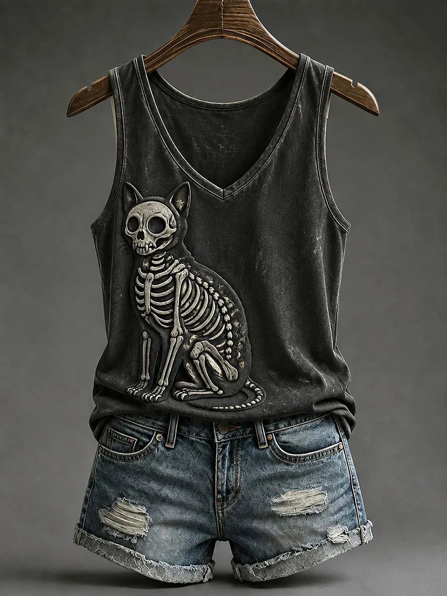 Gothic Skeleton Cat Tank Top Halloween Spooky Dark Merch Gift For Fans - Kdjoy