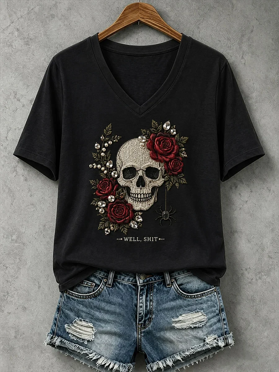 Gothic Skull And Rose V-Neck Shirt Well Shit Shirt Halloween Ideas For Gifts - Kdjoy